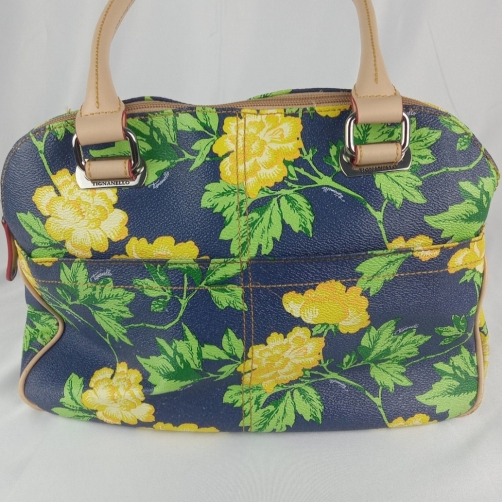 Tignanello Blue Floral Leather Satchel - Picture 2 of 4